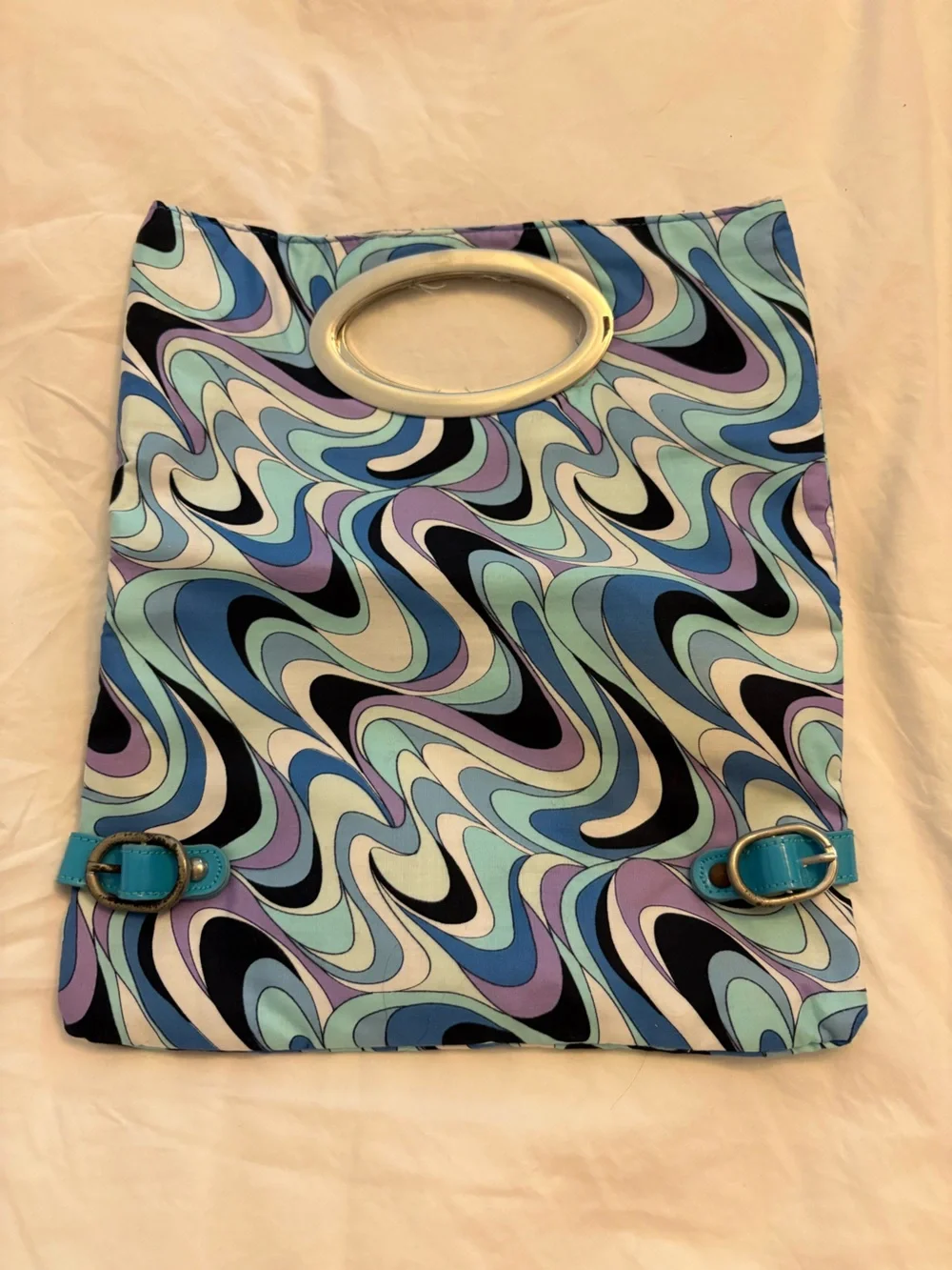 Vintage Swirl Print Oval-Handle Clutch in Blue & Lavender